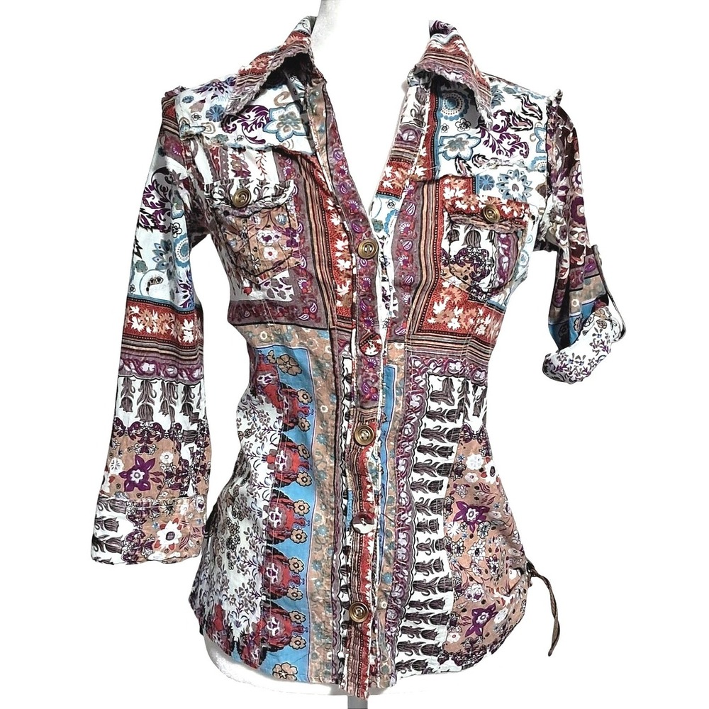 Crown of Hearts Button‎ Down Shirt Women Small Multicolor Patchwork Paisley Boho